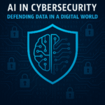 Infographic illustrating the role of AI in cybersecurity, highlighting key technologies like machine learning, deep learning, and natural language processing, with icons representing threat detection, fraud prevention, automated response, and network security.