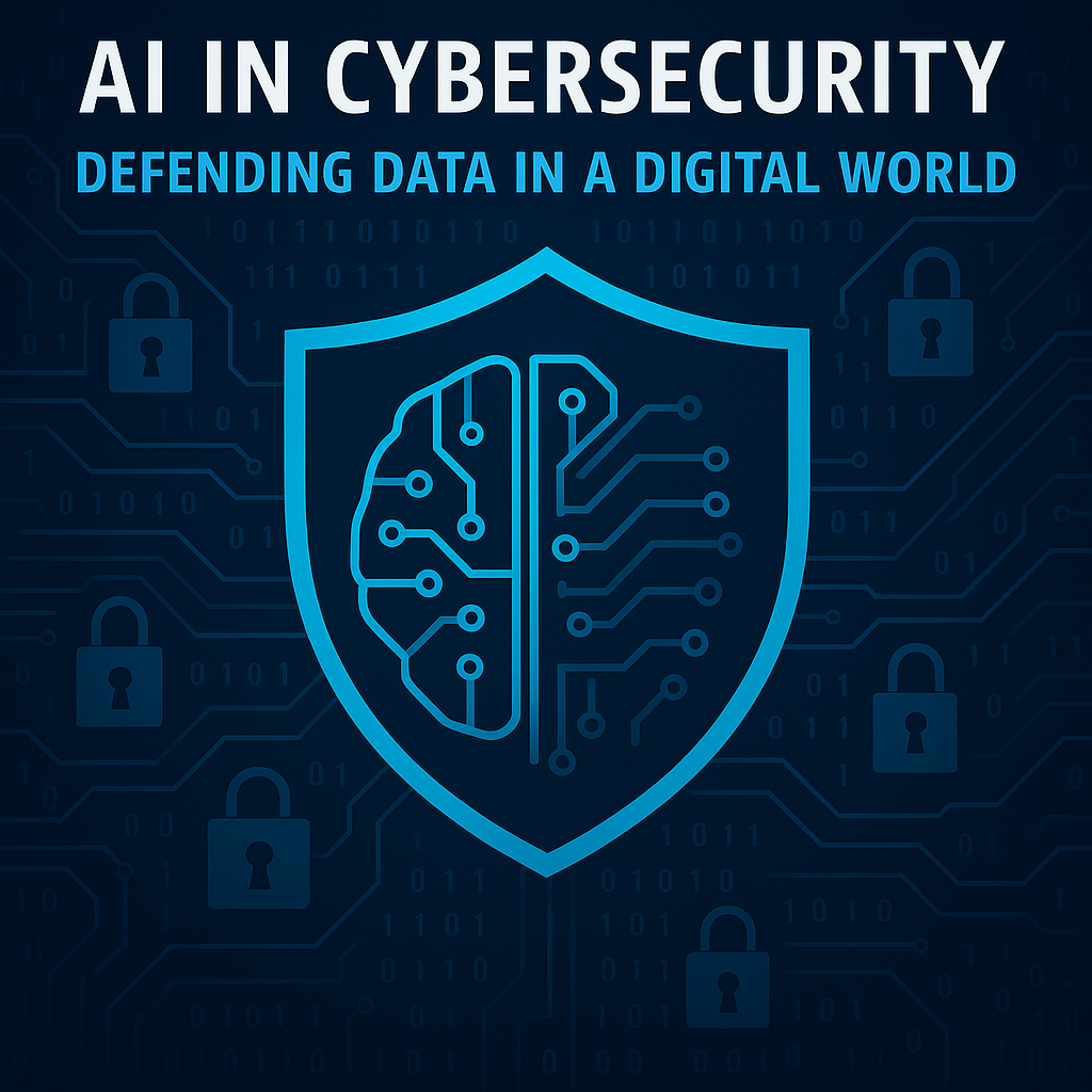 Infographic illustrating the role of AI in cybersecurity, highlighting key technologies like machine learning, deep learning, and natural language processing, with icons representing threat detection, fraud prevention, automated response, and network security.