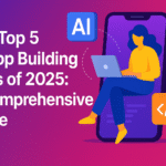 A modern digital illustration showcasing the top 5 AI app building tools of 2025, featuring stylized logos and user interfaces of various platforms on laptop and mobile screens, symbolizing innovation and ease of app development.