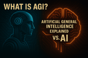 Illustration showing the concept of Artificial General Intelligence (AGI) vs. Narrow AI, highlighting differences in reasoning, learning, and adaptability.