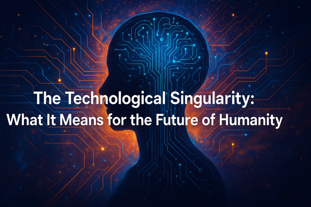 Illustration depicting the technological singularity with superintelligent AI surpassing human intelligence