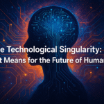 Illustration depicting the technological singularity with superintelligent AI surpassing human intelligence