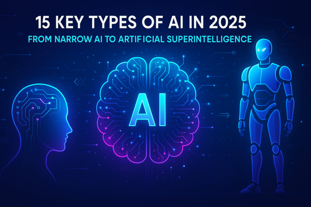 Illustration showing diverse types of AI in 2025 including Narrow AI, General AI, and Artificial Superintelligence.