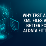 Illustration showing the benefits of using TPST and XML files for AI data fitting, including structure, scalability, and machine learning applications.
