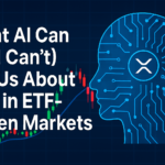 A futuristic AI dashboard analyzing XRP price charts and ETF market data, highlighting opportunities and limitations in cryptocurrency predictions.