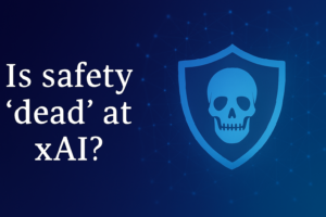 xAI safety dead debate graphic with Elon Musk and AI ethics icons