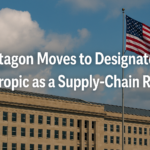 Pentagon building with Anthropic logo and warning symbol indicating supply‑chain risk