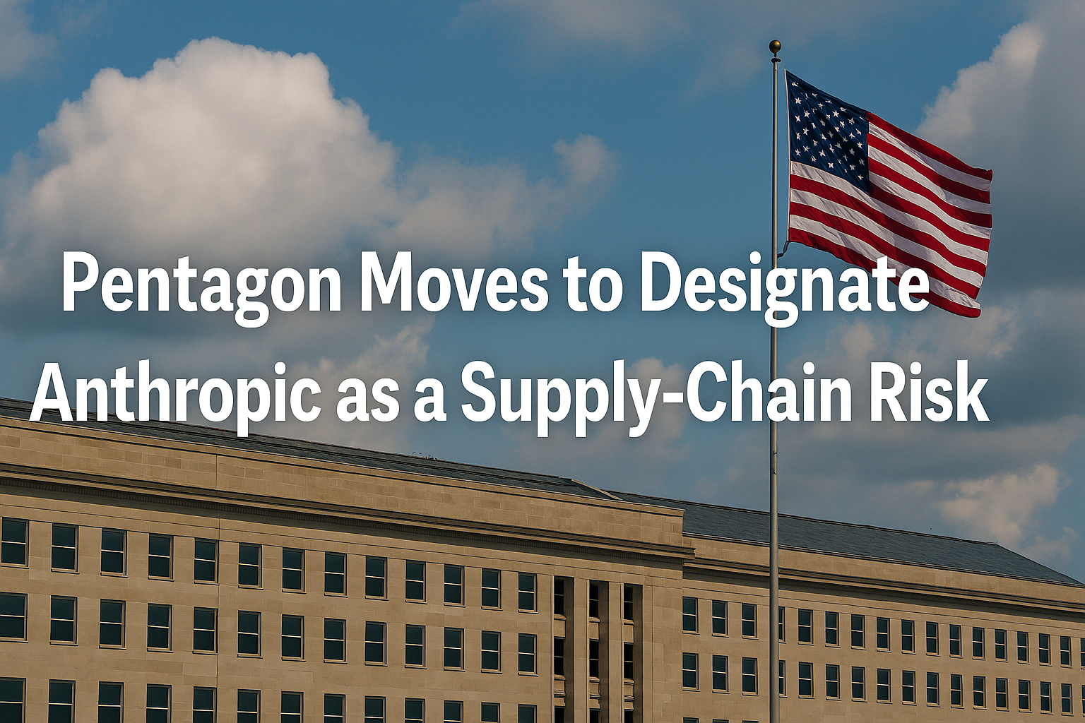 Pentagon building with Anthropic logo and warning symbol indicating supply‑chain risk