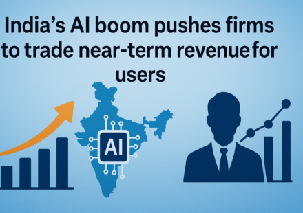 Illustration of Indian AI startup scaling users with AI chips and data graphs, sacrificing short‑term revenue