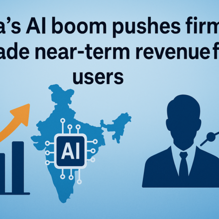 Illustration of Indian AI startup scaling users with AI chips and data graphs, sacrificing short‑term revenue