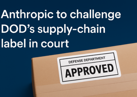 Anthropic logo with U.S. Department of Defense emblem and gavel symbolizing legal challenge to supply‑chain risk label