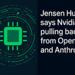 Jensen Huang speaking at an event with Nvidia, OpenAI, and Anthropic logos and "pulling back" concept graphic