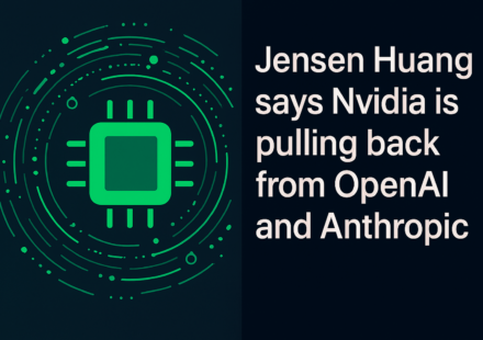 Jensen Huang speaking at an event with Nvidia, OpenAI, and Anthropic logos and "pulling back" concept graphic
