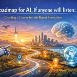 Roadmap illustration for AI innovation with milestones, ethical guidelines, and global AI governance icons