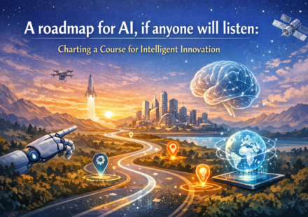 Roadmap illustration for AI innovation with milestones, ethical guidelines, and global AI governance icons