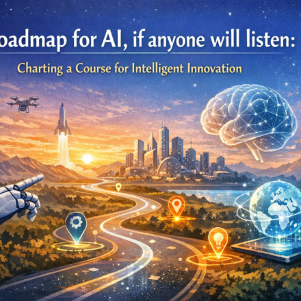 Roadmap illustration for AI innovation with milestones, ethical guidelines, and global AI governance icons