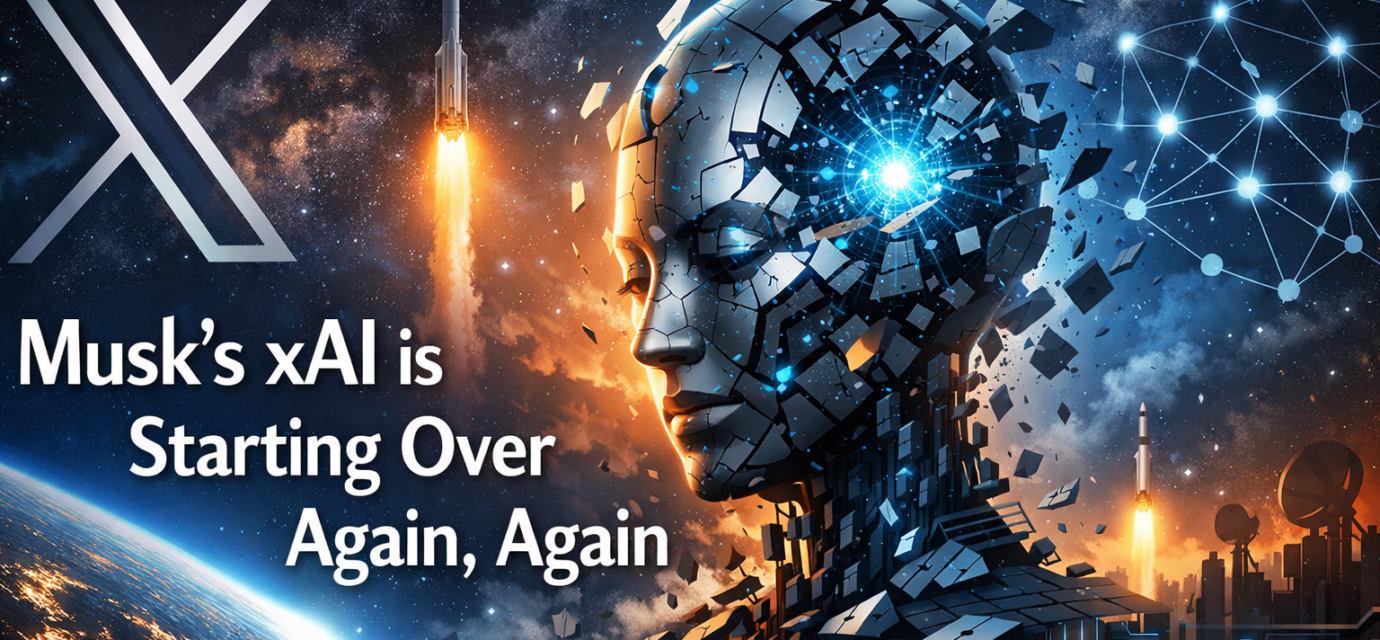 Elon Musk and xAI team with restart button and Grok AI model representing company pivot