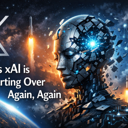 Elon Musk and xAI team with restart button and Grok AI model representing company pivot