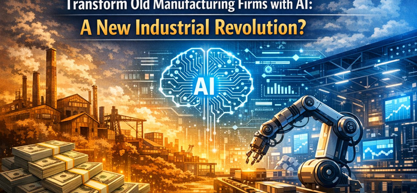 Jeff Bezos with AI robots transforming traditional manufacturing factory assembly lines