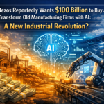 Jeff Bezos with AI robots transforming traditional manufacturing factory assembly lines
