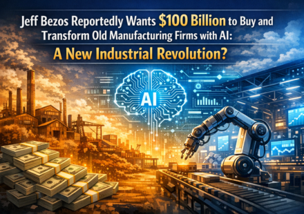 Jeff Bezos with AI robots transforming traditional manufacturing factory assembly lines