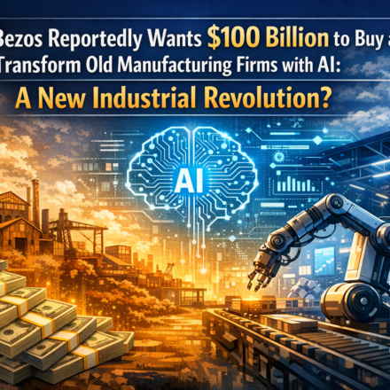 Jeff Bezos with AI robots transforming traditional manufacturing factory assembly lines