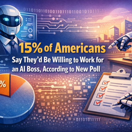 Poll graph showing 15% Americans willing to work under AI boss with office workers and robot manager
