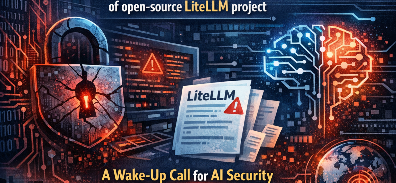 Mercor security breach alert showing LiteLLM open-source vulnerability exploitation graphic