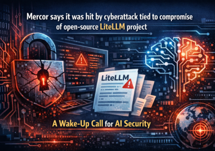 Mercor security breach alert showing LiteLLM open-source vulnerability exploitation graphic