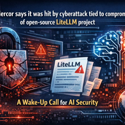 Mercor security breach alert showing LiteLLM open-source vulnerability exploitation graphic