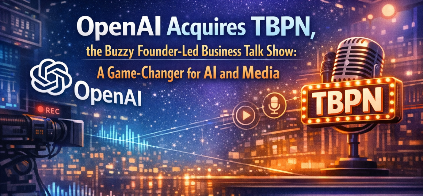 OpenAI acquires TBPN talk show with studio lights microphones and AI interface overlay