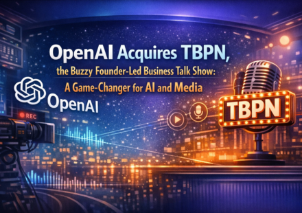 OpenAI acquires TBPN talk show with studio lights microphones and AI interface overlay