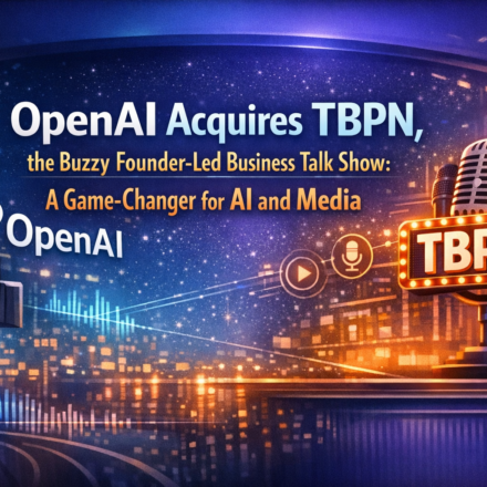 OpenAI acquires TBPN talk show with studio lights microphones and AI interface overlay