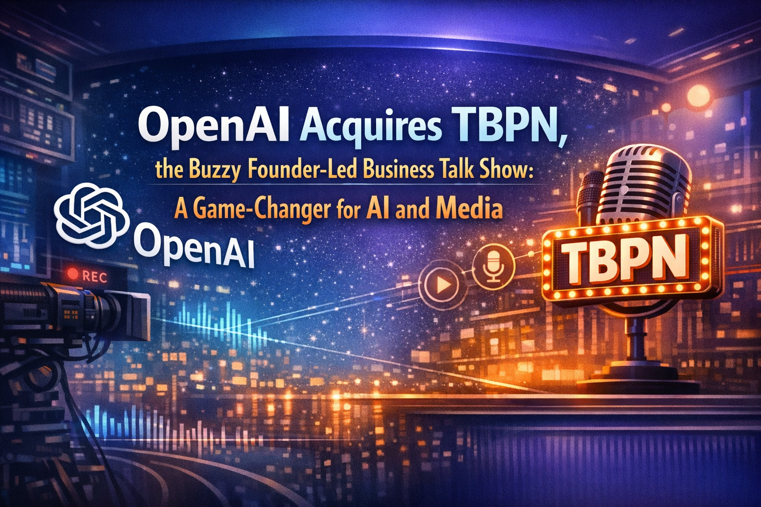 OpenAI acquires TBPN talk show with studio lights microphones and AI interface overlay