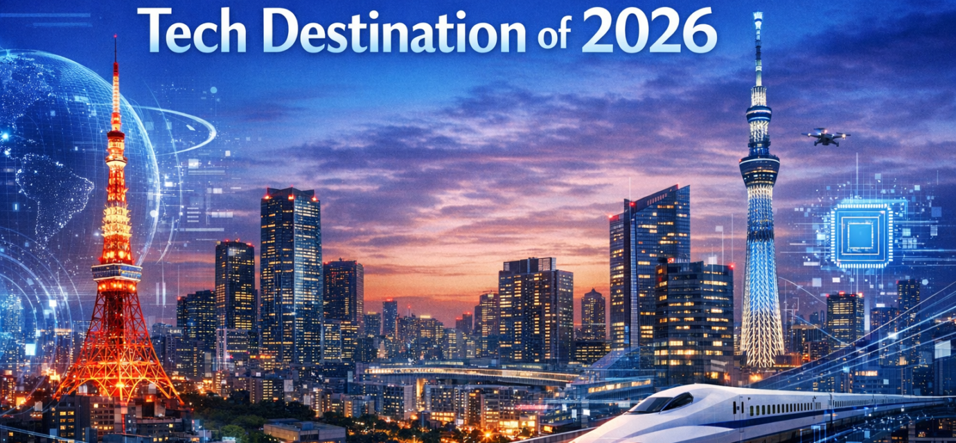 Tokyo skyline with SusHi Tech Tokyo 2026 conference branding and robotics AI innovation exhibits