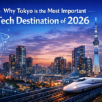 Tokyo skyline with SusHi Tech Tokyo 2026 conference branding and robotics AI innovation exhibits