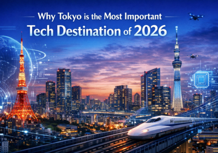 Tokyo skyline with SusHi Tech Tokyo 2026 conference branding and robotics AI innovation exhibits