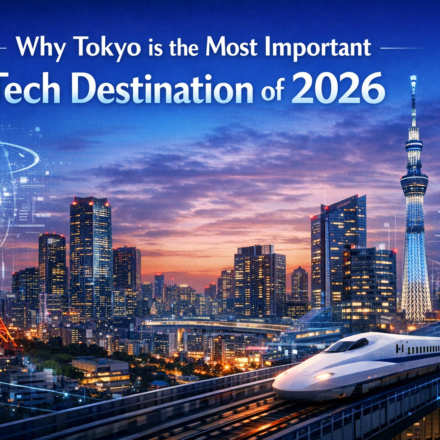 Tokyo skyline with SusHi Tech Tokyo 2026 conference branding and robotics AI innovation exhibits