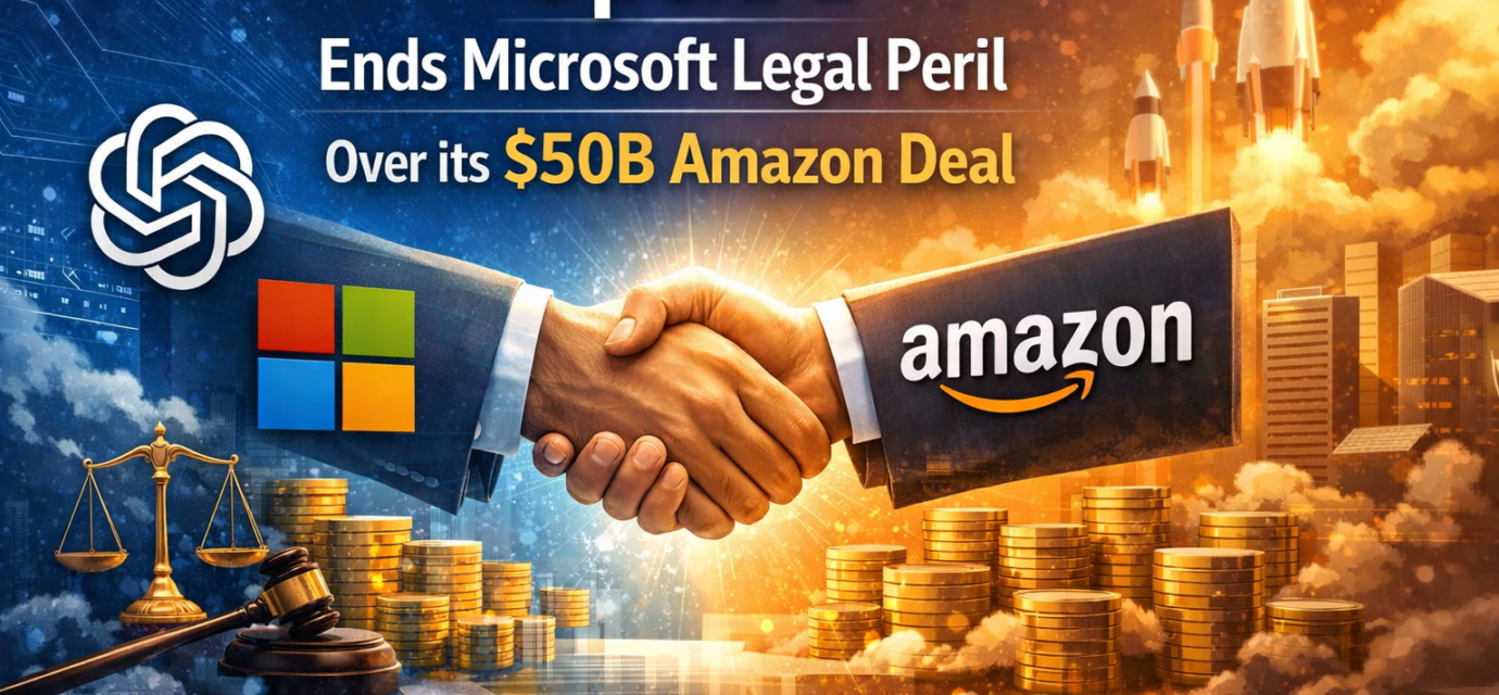 OpenAI Microsoft Amazon logos with resolved legal contract and handshake symbol