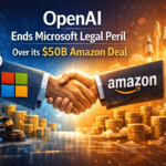 OpenAI Microsoft Amazon logos with resolved legal contract and handshake symbol