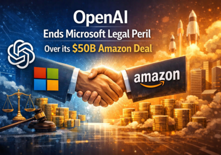 OpenAI Microsoft Amazon logos with resolved legal contract and handshake symbol