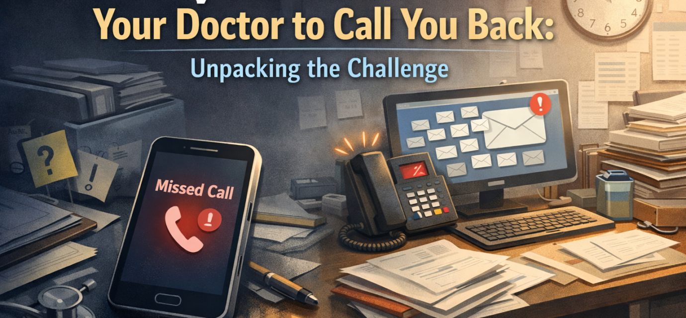 Frustrated patient waiting for doctor callback with missed call notifications and busy clinic backdrop