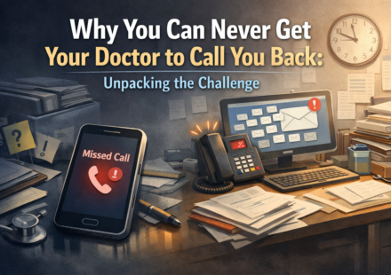 Frustrated patient waiting for doctor callback with missed call notifications and busy clinic backdrop