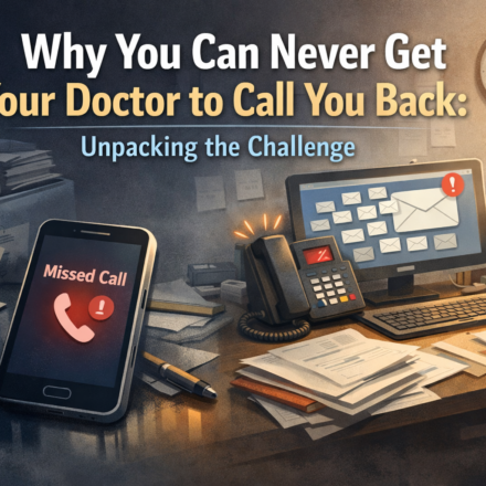 Frustrated patient waiting for doctor callback with missed call notifications and busy clinic backdrop