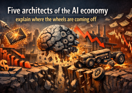 Panel of AI architects discussing supply chain bottlenecks at Milken conference with chip data energy crisis graphics