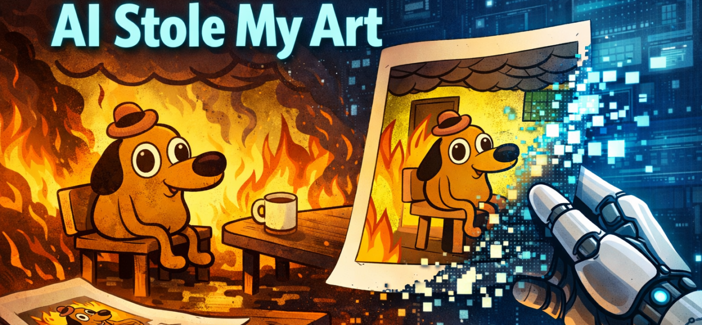 KC Green This is fine dog comic next to AI generated art theft accusation graphic