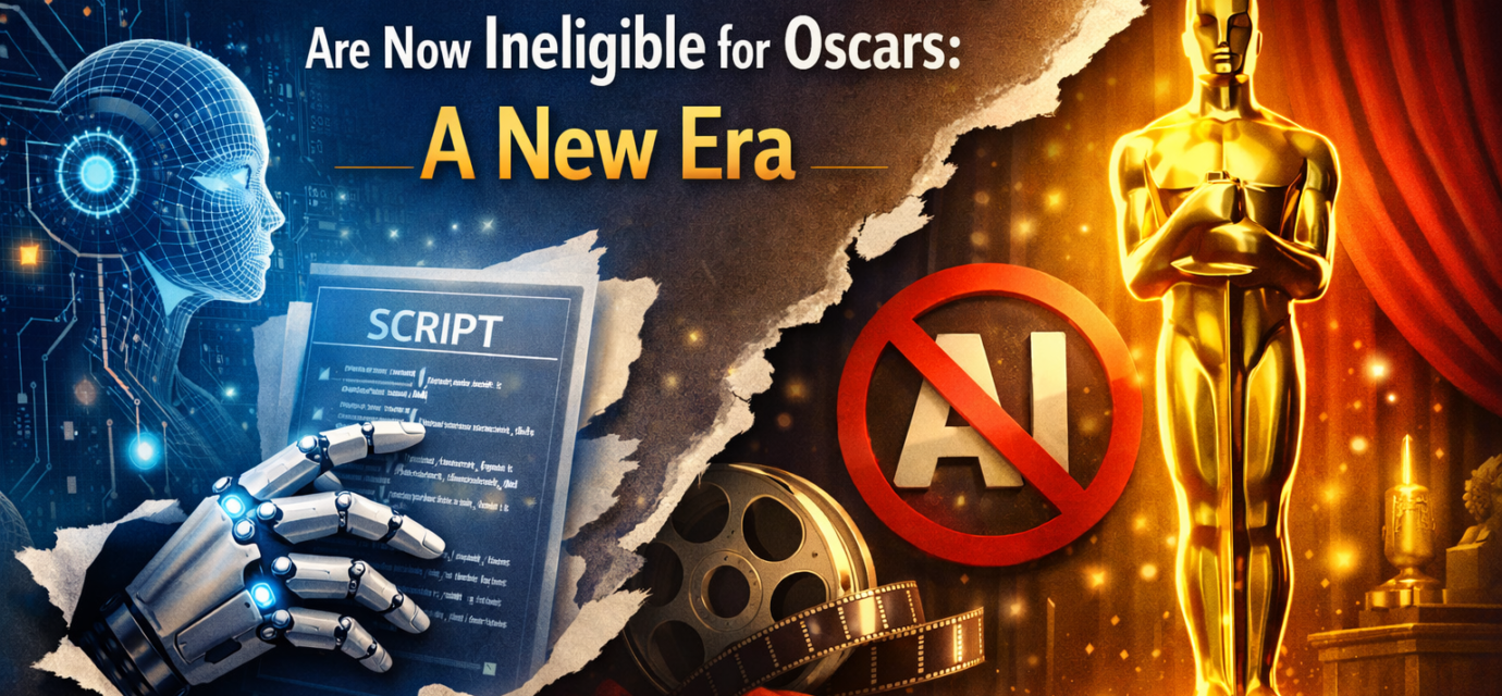 Oscars statue with AI-generated actor silhouette crossed out and human filmmaker icons