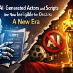 Oscars statue with AI-generated actor silhouette crossed out and human filmmaker icons