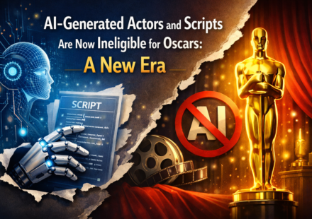Oscars statue with AI-generated actor silhouette crossed out and human filmmaker icons