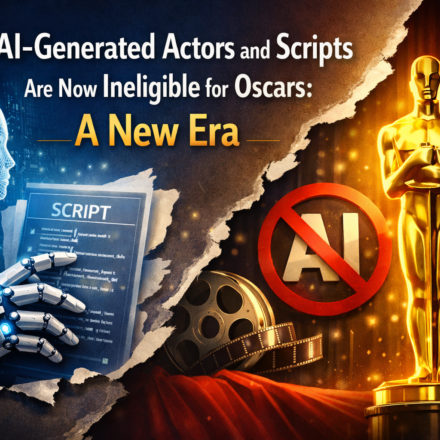 Oscars statue with AI-generated actor silhouette crossed out and human filmmaker icons